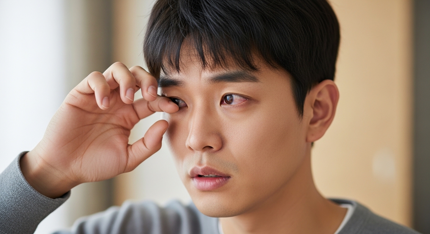 건조한 눈의 마이봄선 기능을 돕고 촉촉한 눈물막을 유지하기 위해 규칙적으로 인공눈물을 점안하는 모습